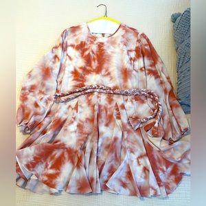 Gianni Bini Riley Belted Long Sleeve Swing Dress, Rust Orange Tie Dye, Size XL